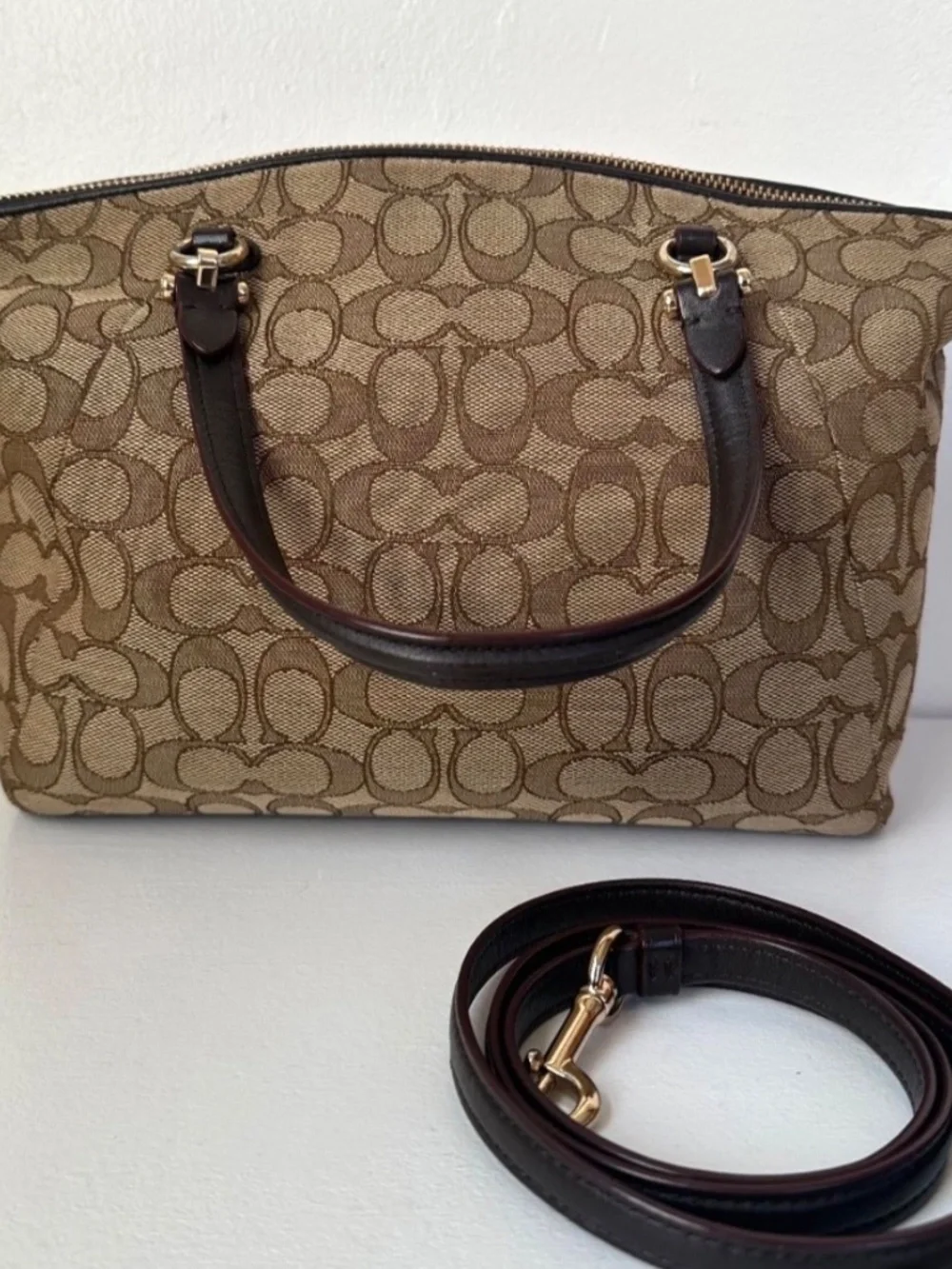 Coach Khaki Brown Signature Jacquard Prairie Satchel in Canvas